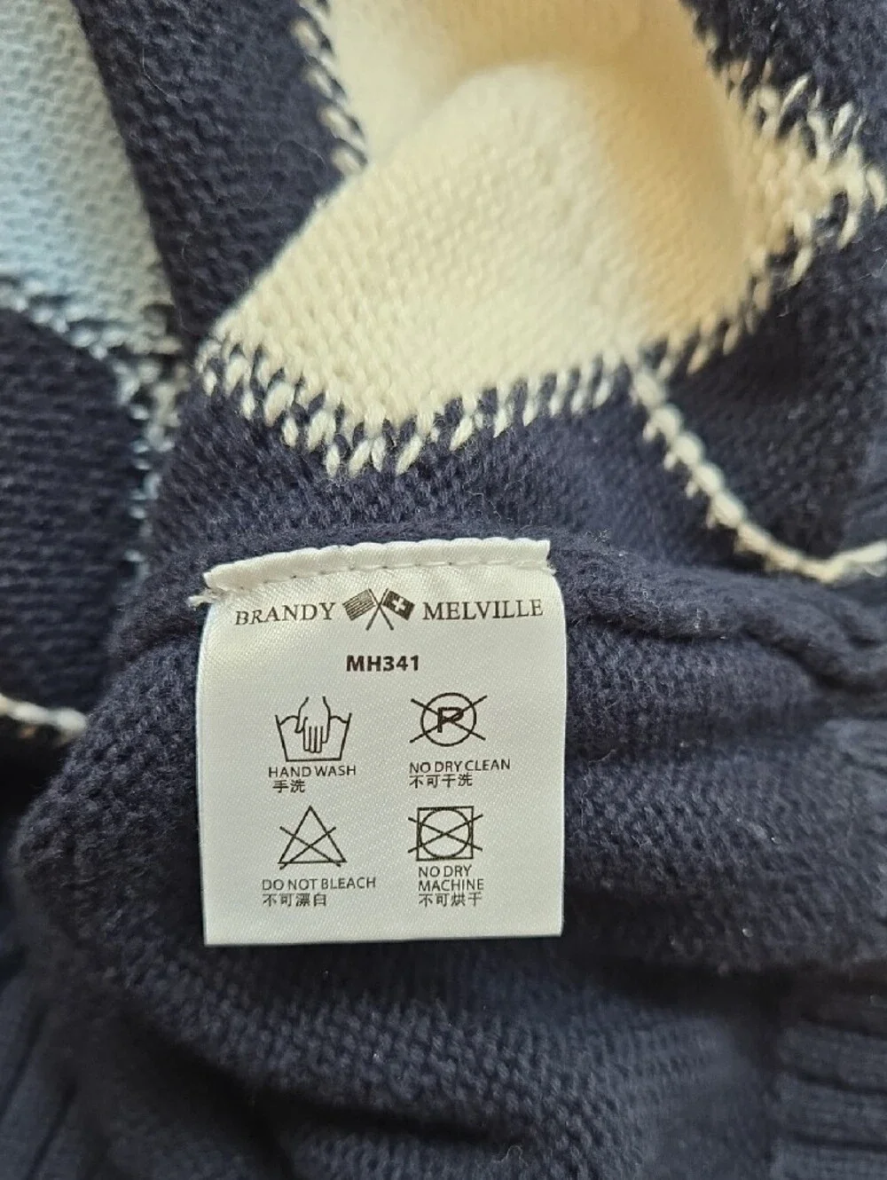 Brandy Melville Navy Light Blue White Argyle V-Neck Cardigan